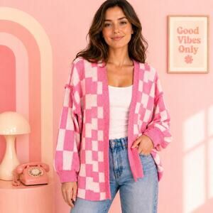 Oversized Pink Checkerboard Cardigan Sweater Hot Pink & White Medium Barbie EUC